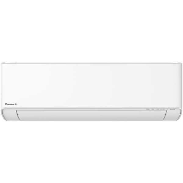 Panasonic hvid vægmonteret varmepumpe med minimalistisk design til effektiv opvarmning og køling af rum.