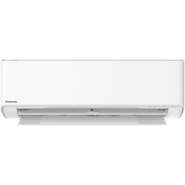 Hvid Panasonic vægmonteret varmepumpe og aircondition med frontpanel og justerbare luftudtag.
