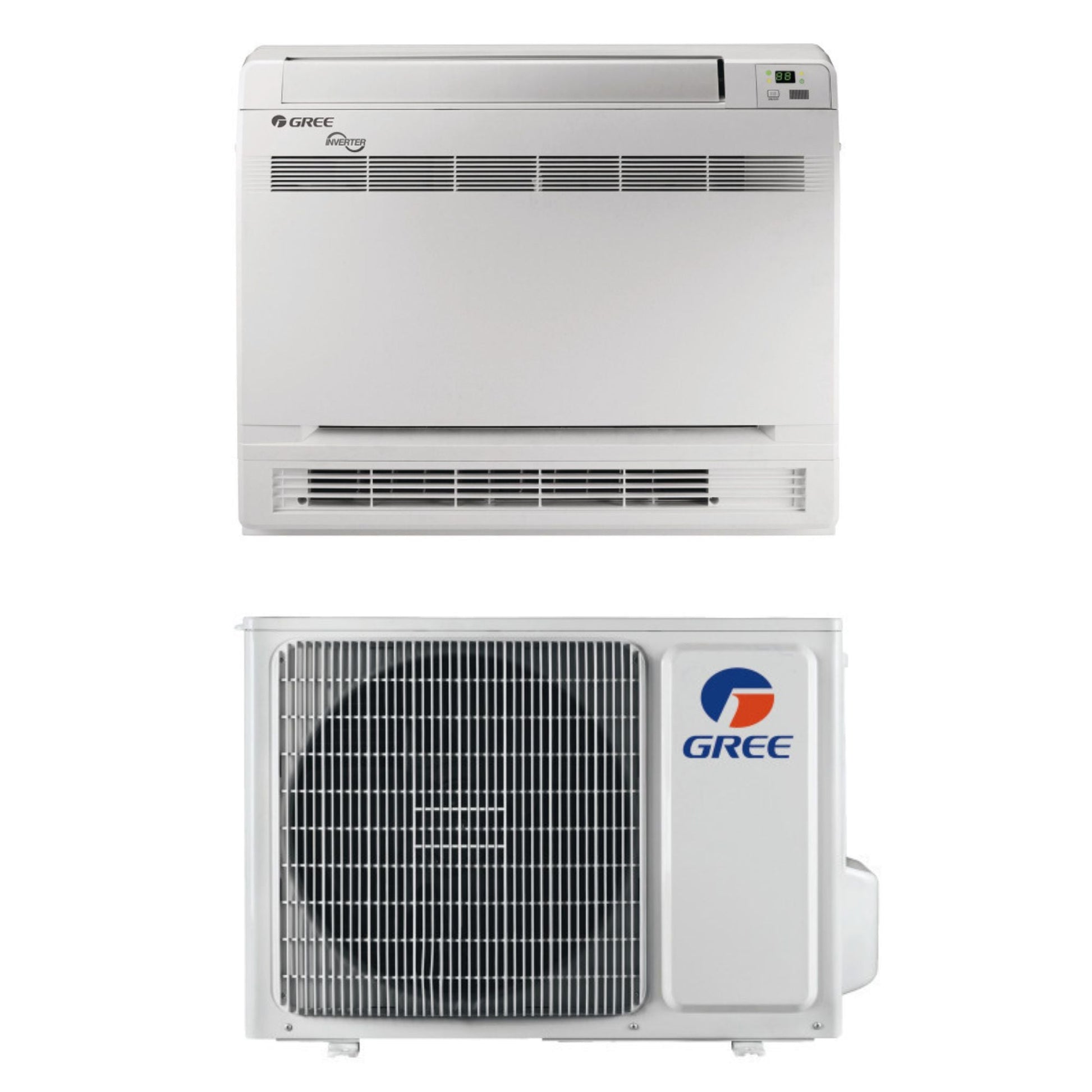 Hvid Gree varmepumpe med indedel og udedel, energieffektiv model til opvarmning og køling af hjemmet.