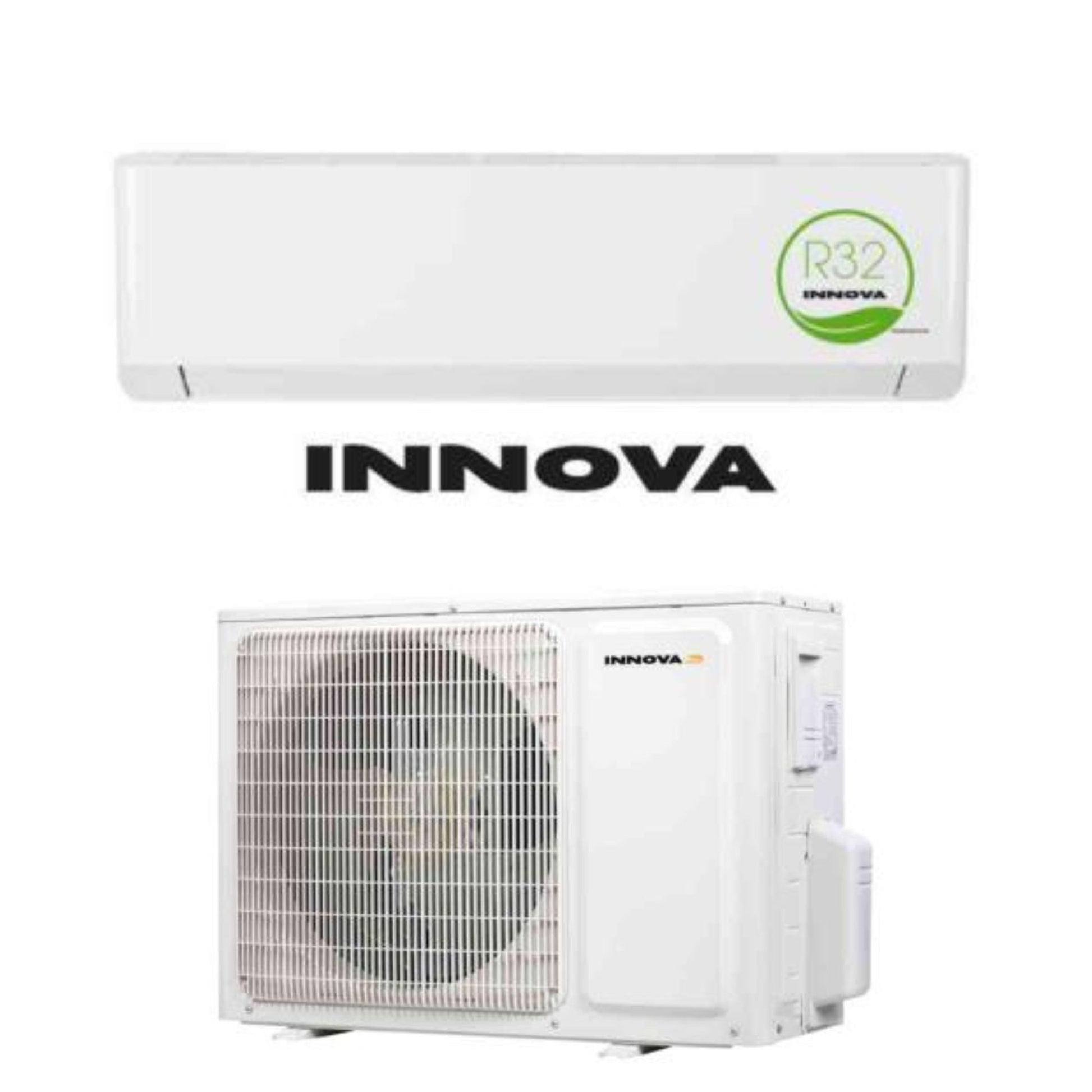 Innova R32 hvid luft til luft varmepumpe med udendørs og indendørs enhed til energieffektiv opvarmning og køling.