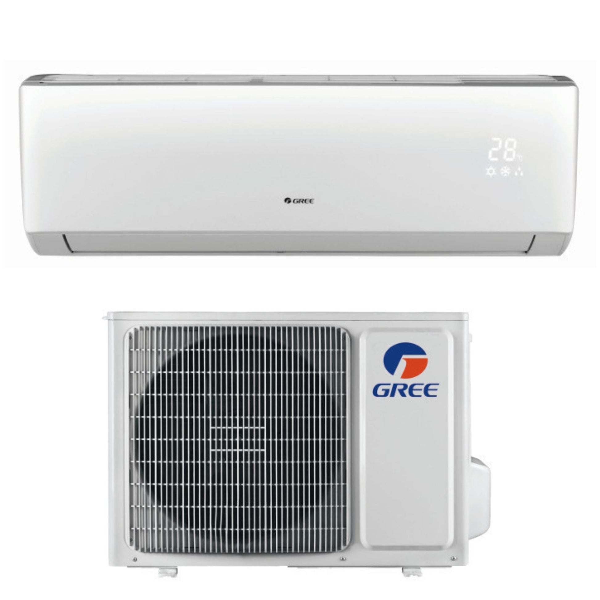Hvid Gree luft-til-luft varmepumpe med indendørs og udendørs enhed, digital display og moderne design.