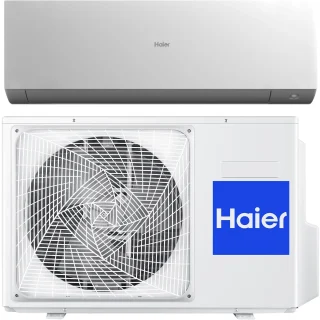 Haier luft til luft varmepumpe i hvid med indendørs og udendørs enhed, energieffektiv og moderne design.