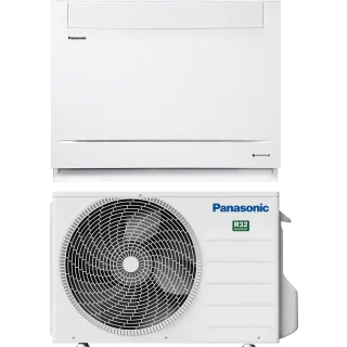 Panasonic varmepumpe splitanlæg i hvid med indedel og udedel, energieffektiv model med R32 kølemiddel.