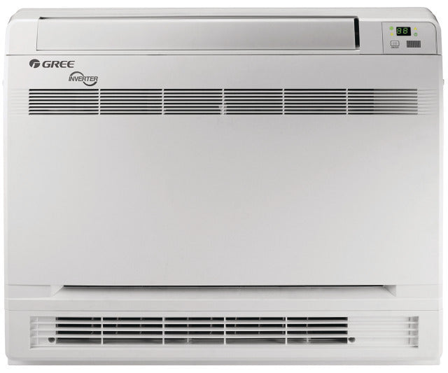 Hvid gulvmodel varmepumpe fra Gree med digital display og inverterteknologi til energieffektiv opvarmning og køling.