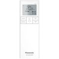Hvid Panasonic fjernbetjening til aircondition med LCD-skærm, temperaturvisning og funktionsknapper.