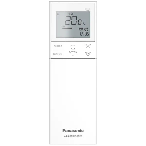 Hvid Panasonic fjernbetjening til aircondition med digitalt display og temperaturkontrolknapper.