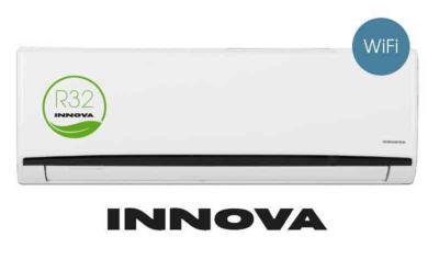 Hvid INNOVA vægmonteret varmepumpe med R32 kølemiddel og WiFi-styring, energieffektiv opvarmning og køling.