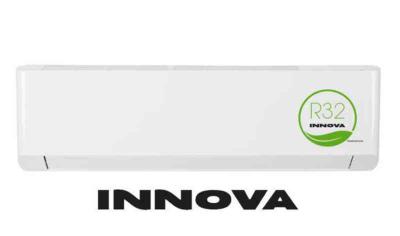 Hvid INNOVA R32 vægmonteret varmepumpe med energieffektiv kølemiddel, minimalistisk design.