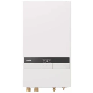 Hvid Panasonic varmepumpecontroller med digitalt display og tilslutninger i bunden, vægmonteret enhed.