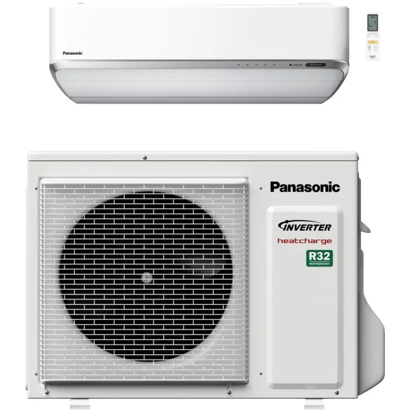 Panasonic varmepumpe med indendørs og udendørs enhed, hvid design, inverter teknologi og R32 kølemiddel.