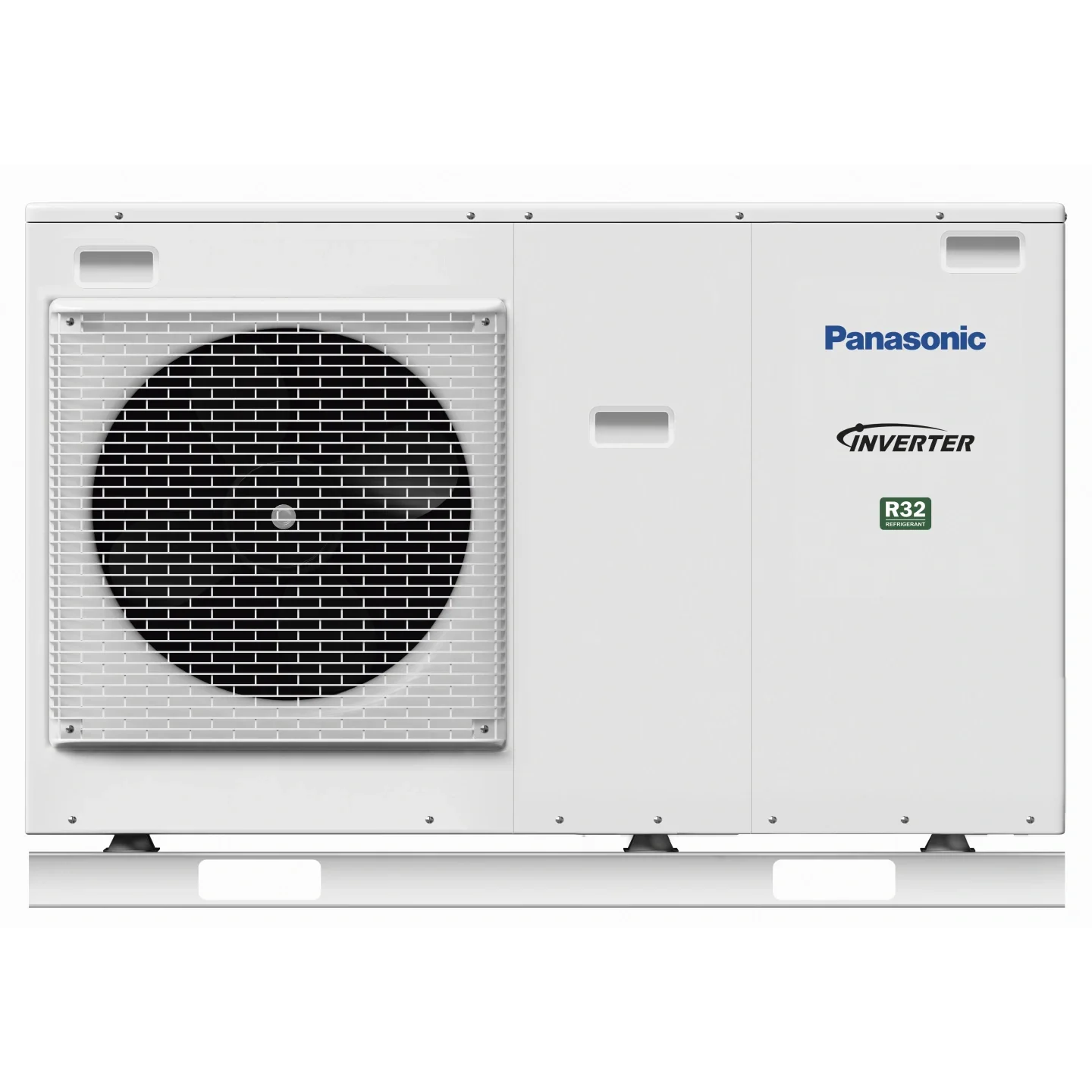 Panasonic udendørs varmepumpe med inverterteknologi, hvid enhed med R32-kølemiddel og ventilatorgitter.