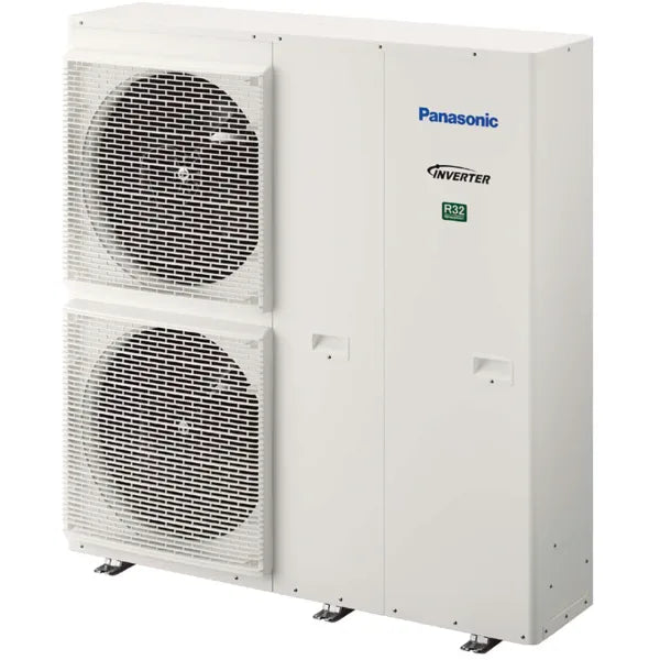 Panasonic varmepumpens udedel med dobbelt ventilator, hvid model med R32 kølemiddel og inverterteknologi.