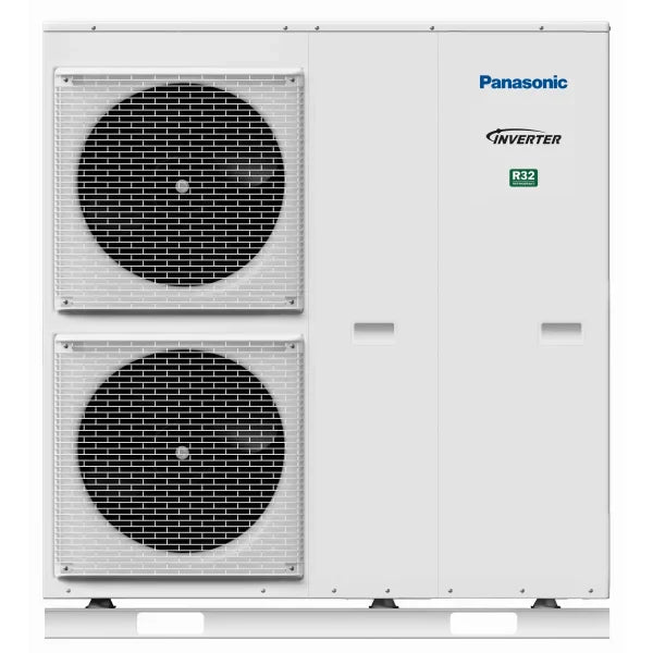 Panasonic varmepumpeeksternal enhed med to ventilatorer, hvid, R32 inverter teknologi til bolig og erhverv.